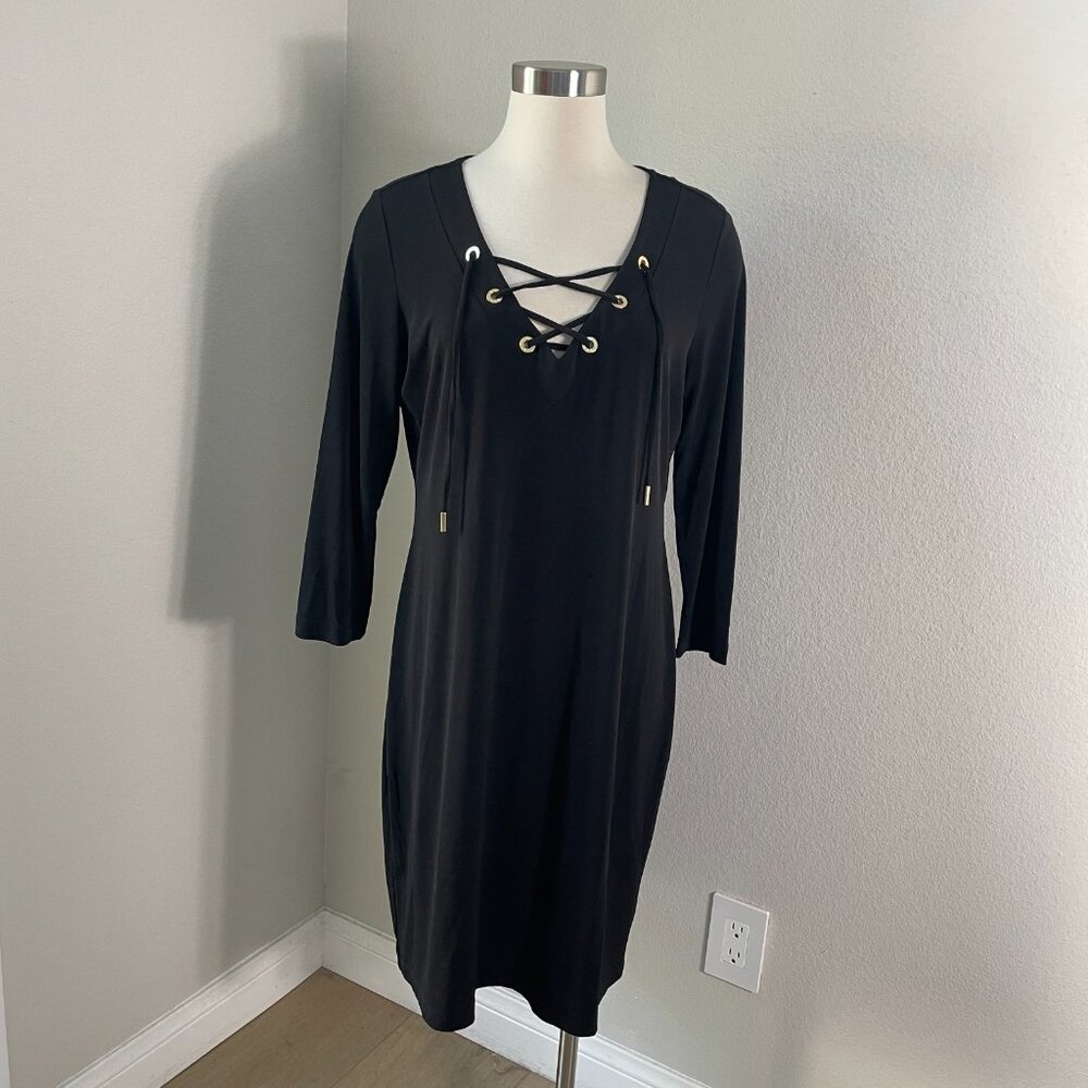 Calvin Klein Womens 14 Black Lace Up Front Shift Dress Long Sleeve Stretch